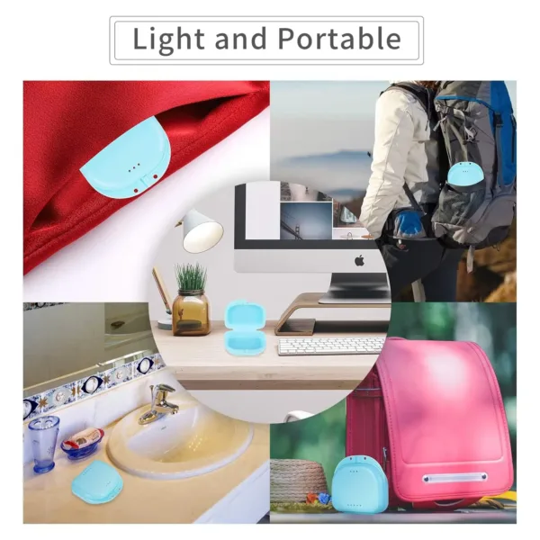 A bluish orthodontic retainer case with vent holes is lightweight, portable, and perfect for storing aligners, mouthguards, or dentures at home, the office, or while traveling.