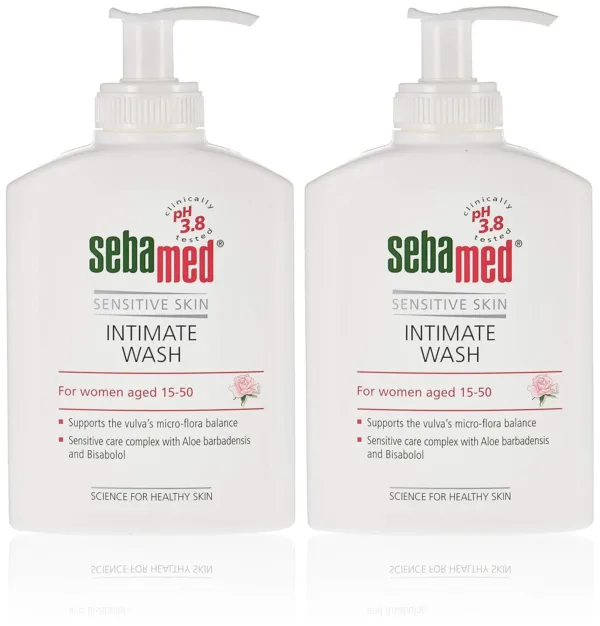 Two bottles of Sebamed Intimate Wash 3.8, specially formulated for the hygiene of the sensitive intimate area, are shown, promising 100% soap and alkali-free therapy-supportive cleansing.