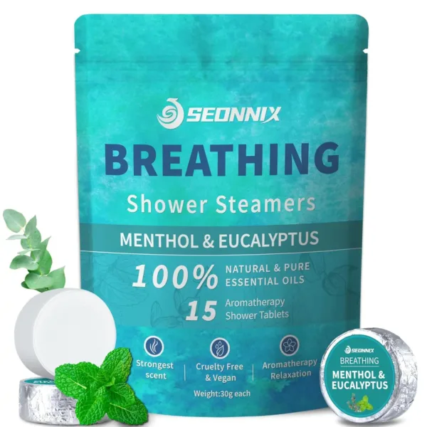 This pack of 15 aromatherapy shower steamers infuses your shower with natural eucalyptus and menthol essential oils to help relieve nasal congestion and create a relaxing, spa-like experience at home for both women and men.