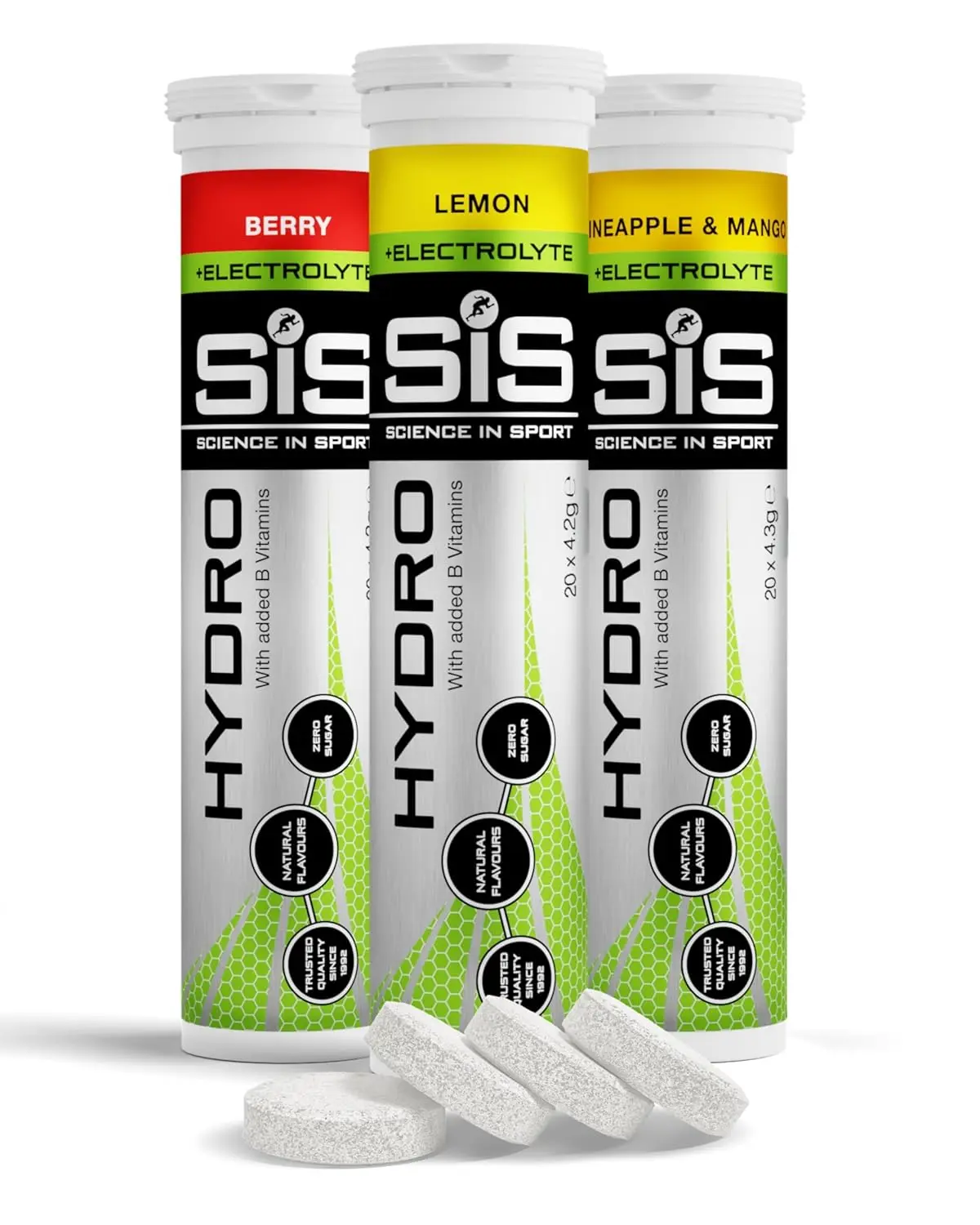 Science In Sport Hydro electrolyte tablets offer sugar-free hydration, reduce fatigue with essential electrolytes, and support normal muscle and nervous system function for peak athletic performance.
