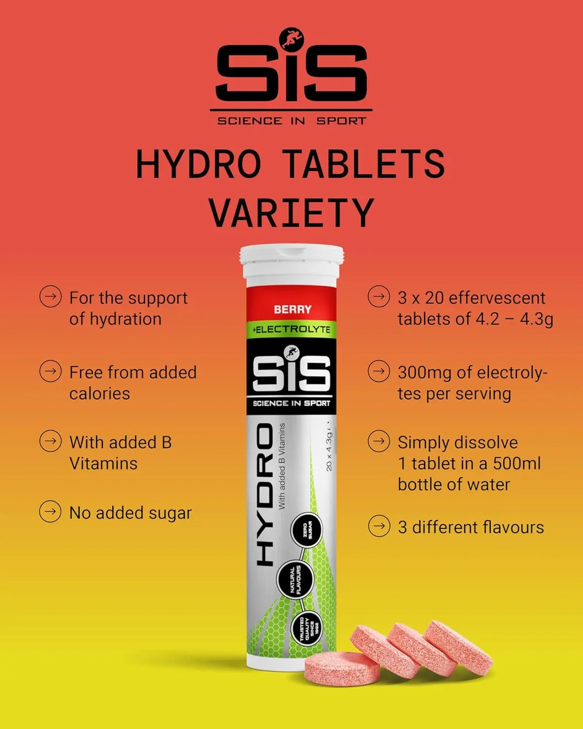 Science In Sport Hydro electrolyte tablets offer sugar-free hydration, reduce fatigue with essential electrolytes, and support normal muscle and nervous system function for peak athletic performance.