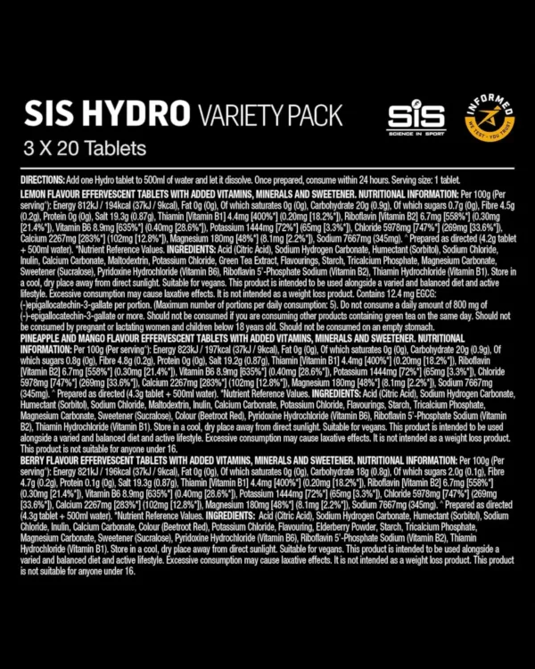 Science In Sport Hydro electrolyte tablets offer sugar-free hydration, reduce fatigue with essential electrolytes, and support normal muscle and nervous system function for peak athletic performance.