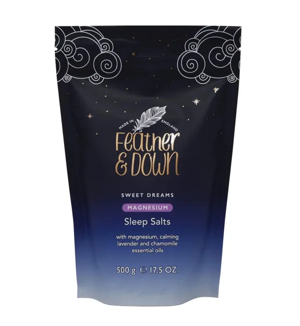 These vegan and cruelty-free Feather & Down Sweet Dreams Sleep Salts, infused with natural extracts of calming lavender and chamomile essential oils, help to relieve stress and tension while promoting a restful night's sleep thanks to the naturally occurring magnesium content.