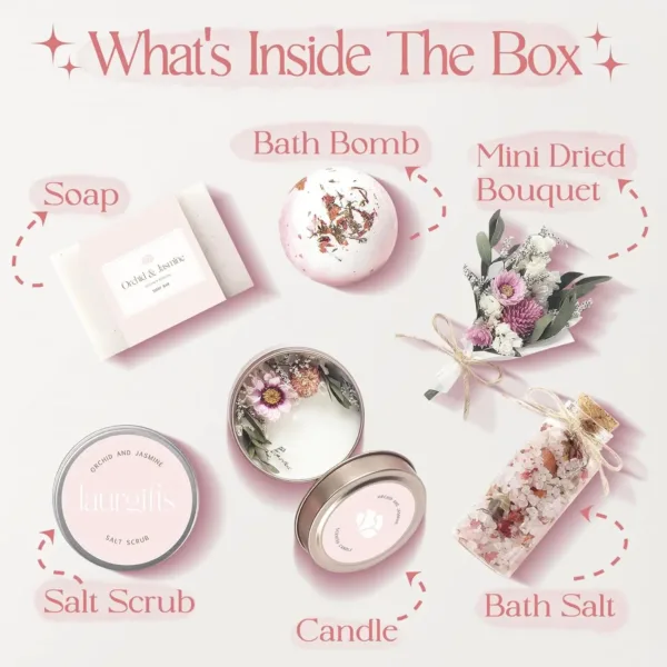 This small, luxurious Orchid & Jasmine spa gift box is a perfect self-care gift for women, including a soy candle, bath bomb, handmade soap, salt scrub, bath salts, and a mini dried flower bouquet, beautifully presented for any occasion.