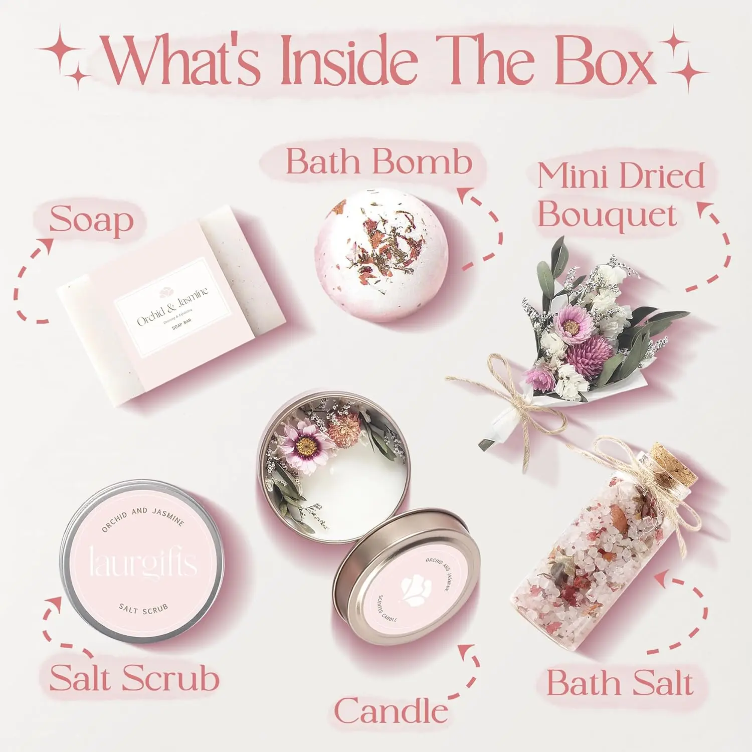 This small, luxurious Orchid & Jasmine spa gift box is a perfect self-care gift for women, including a soy candle, bath bomb, handmade soap, salt scrub, bath salts, and a mini dried flower bouquet, beautifully presented for any occasion.