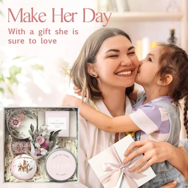 This small, luxurious Orchid & Jasmine spa gift box is a perfect self-care gift for women, including a soy candle, bath bomb, handmade soap, salt scrub, bath salts, and a mini dried flower bouquet, beautifully presented for any occasion.