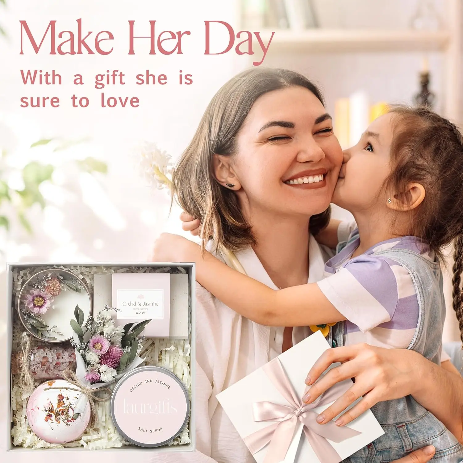 This small, luxurious Orchid & Jasmine spa gift box is a perfect self-care gift for women, including a soy candle, bath bomb, handmade soap, salt scrub, bath salts, and a mini dried flower bouquet, beautifully presented for any occasion.