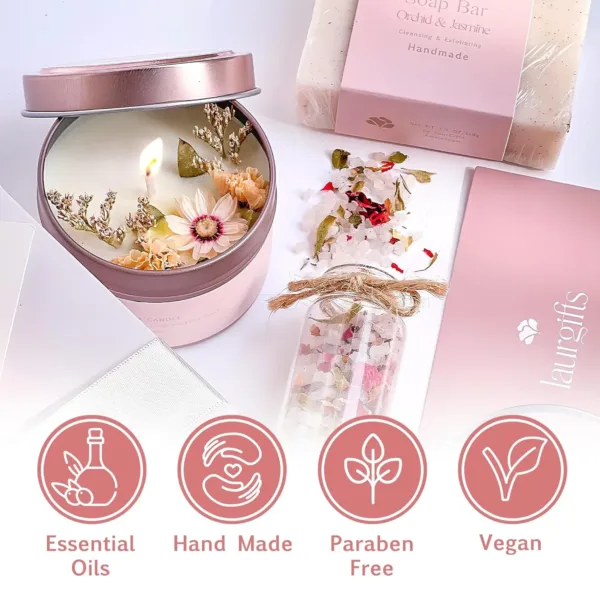 This small, luxurious Orchid & Jasmine spa gift box is a perfect self-care gift for women, including a soy candle, bath bomb, handmade soap, salt scrub, bath salts, and a mini dried flower bouquet, beautifully presented for any occasion.