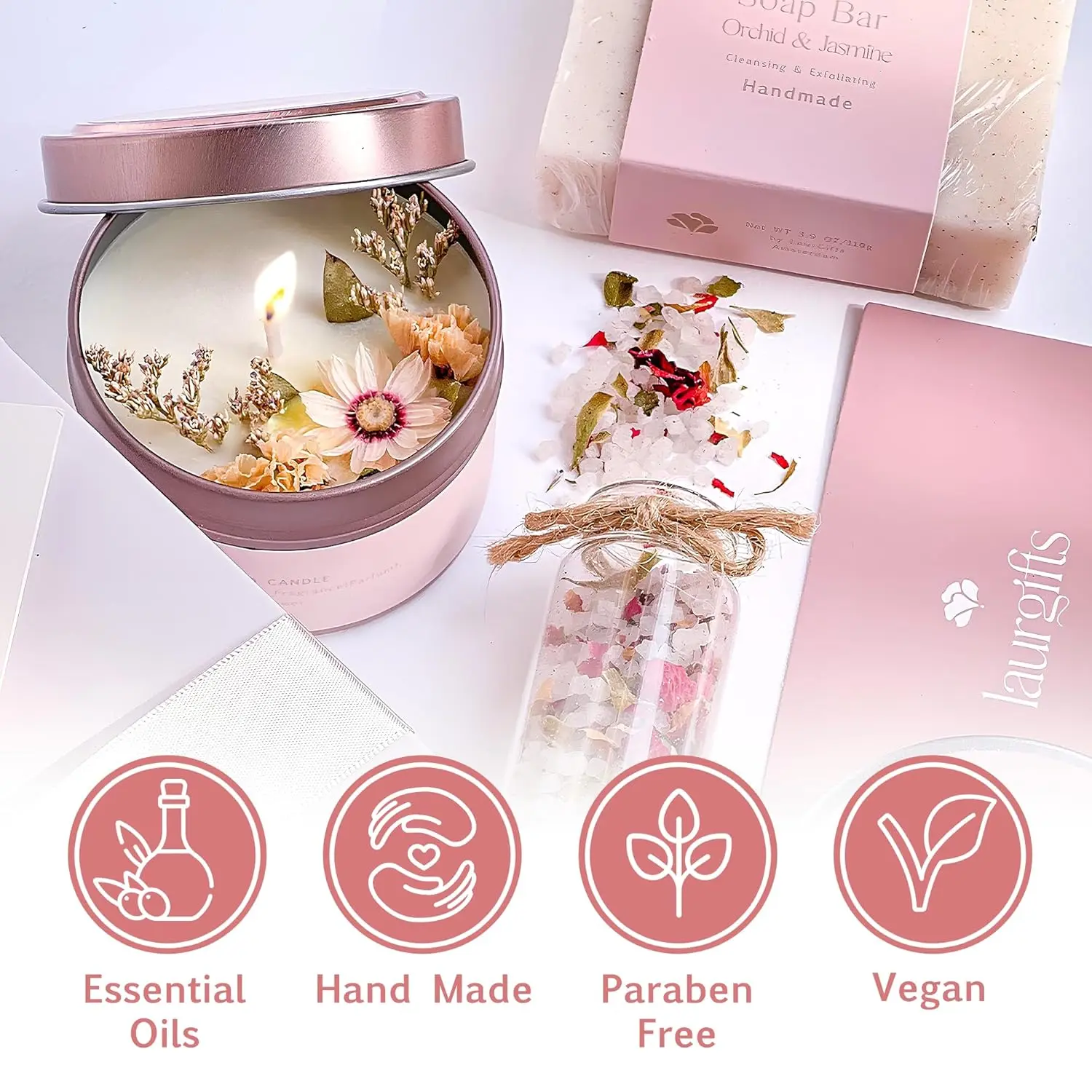 This small, luxurious Orchid & Jasmine spa gift box is a perfect self-care gift for women, including a soy candle, bath bomb, handmade soap, salt scrub, bath salts, and a mini dried flower bouquet, beautifully presented for any occasion.