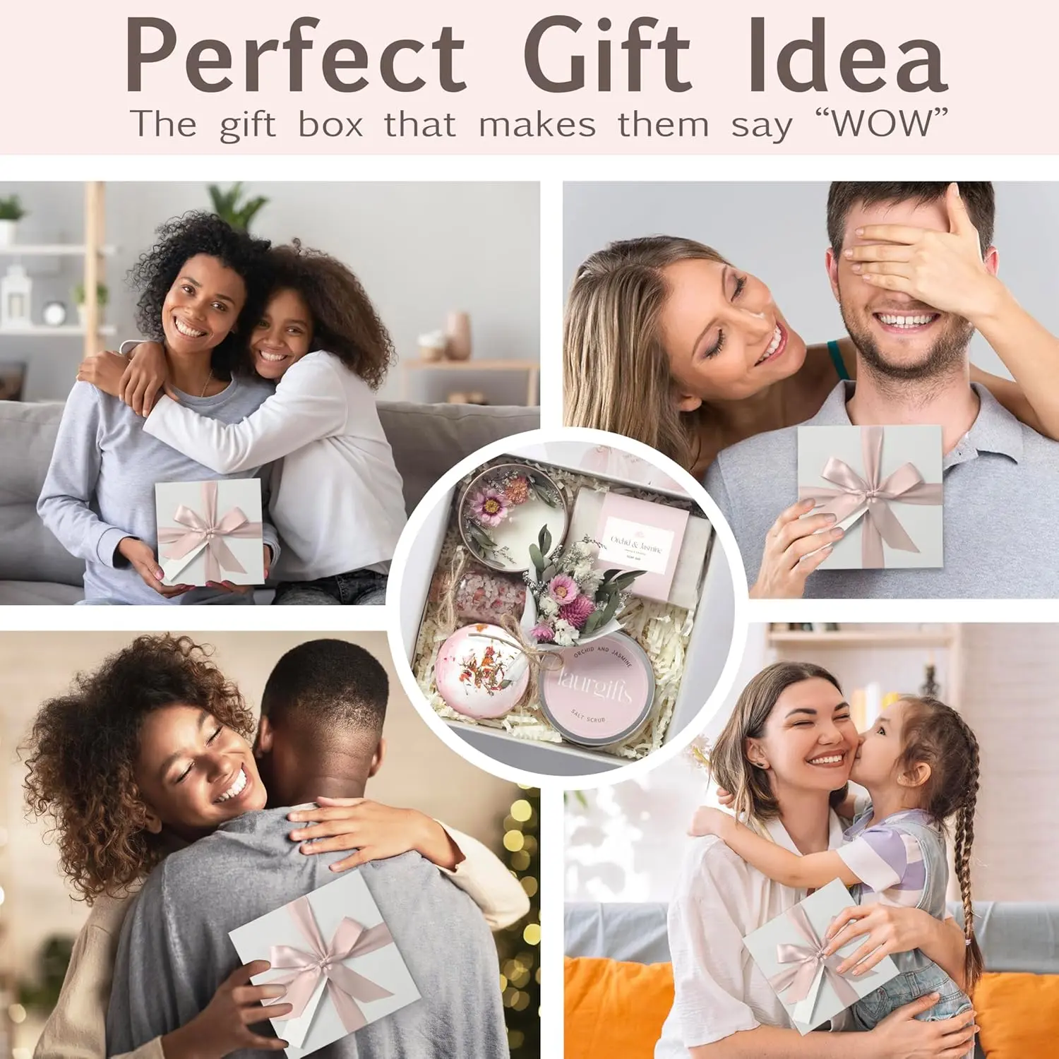 This small, luxurious Orchid & Jasmine spa gift box is a perfect self-care gift for women, including a soy candle, bath bomb, handmade soap, salt scrub, bath salts, and a mini dried flower bouquet, beautifully presented for any occasion.