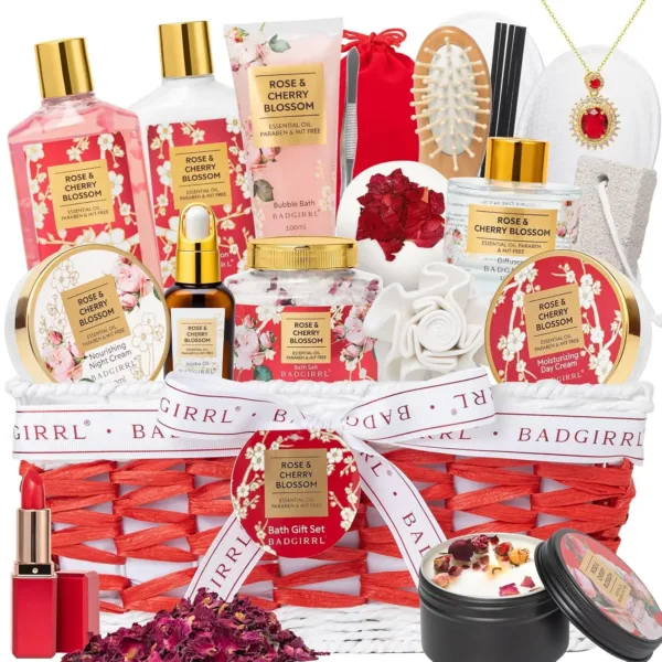 This 20-piece rose and cherry blossom spa gift set includes shower gel, body lotion, a reed diffuser, bubble bath, day and night cream, jojoba oil, bath salt, bath bomb, soy candle, and other bath and body accessories, making it the perfect Christmas or birthday gift for women.