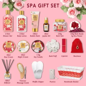 This 20-piece rose and cherry blossom spa gift set includes shower gel, body lotion, a reed diffuser, bubble bath, day and night cream, jojoba oil, bath salt, bath bomb, soy candle, and other bath and body accessories, making it the perfect Christmas or birthday gift for women.