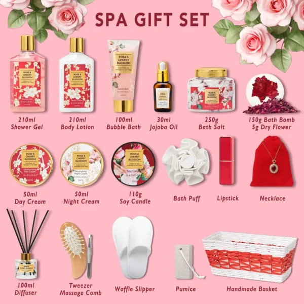This 20-piece rose and cherry blossom spa gift set includes shower gel, body lotion, a reed diffuser, bubble bath, day and night cream, jojoba oil, bath salt, bath bomb, soy candle, and other bath and body accessories, making it the perfect Christmas or birthday gift for women.
