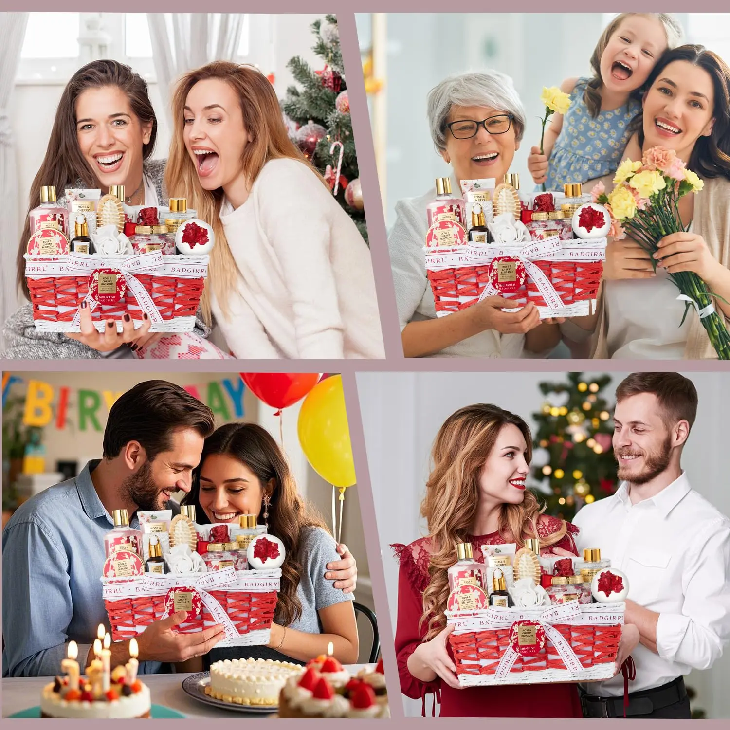 This 20-piece rose and cherry blossom spa gift set includes shower gel, body lotion, a reed diffuser, bubble bath, day and night cream, jojoba oil, bath salt, bath bomb, soy candle, and other bath and body accessories, making it the perfect Christmas or birthday gift for women.