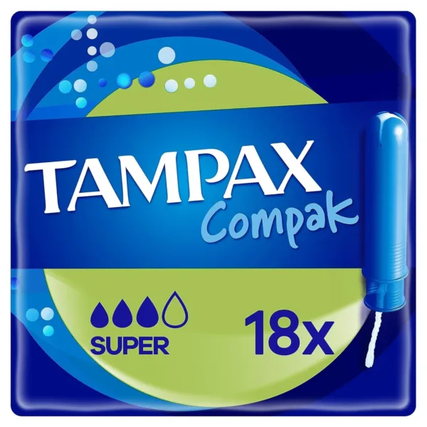 Tampax Compak Super tampons with a retractable applicator provide comfortable, clean insertion and reliable leak protection with absorption channels and a protective skirt.