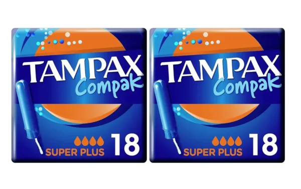 Tampax Compak Super tampons with a retractable applicator provide comfortable, clean insertion and reliable leak protection with absorption channels and a protective skirt.