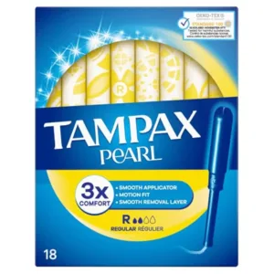 Tampax Pearl Regular tampons for light to medium flow days, featuring a SmoothTouch applicator, anti-slip grip, MotionFit protection, and LeakGuard braid for comfortable, discreet, and confident period protection.