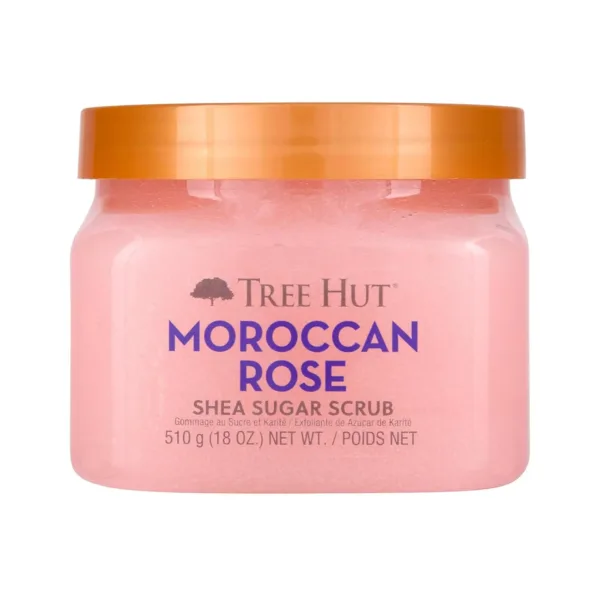 A jar of Tree Hut Shea Sugar Scrub in Moroccan Rose scent is displayed, promising gentle exfoliation and intense moisturization for soft, smooth, and hydrated skin, infused with shea butter and natural oils.