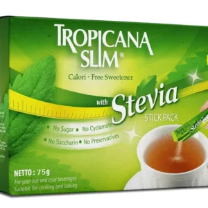 This image showcases a 75 gm pack of Tropicana Slim Stevia Diet Sticks, containing 50 milled sticks of sweetener.