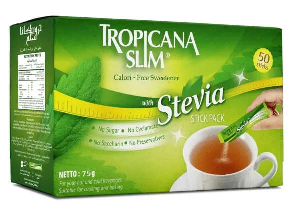 This image showcases a 75 gm pack of Tropicana Slim Stevia Diet Sticks, containing 50 milled sticks of sweetener.