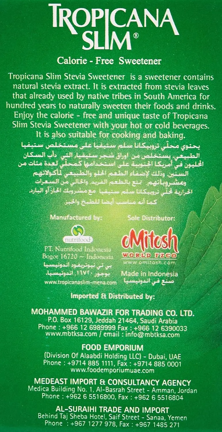 This image showcases a 75 gm pack of Tropicana Slim Stevia Diet Sticks, containing 50 milled sticks of sweetener.