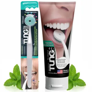 This tongue cleaner starter pack includes the TUNG brush, designed to reach the back of the tongue to eliminate bad breath, and TUNG gel, both made in America and preferred by 90% of users over other tongue cleaners.