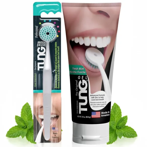 This tongue cleaner starter pack includes the TUNG brush, designed to reach the back of the tongue to eliminate bad breath, and TUNG gel, both made in America and preferred by 90% of users over other tongue cleaners.