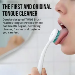 This tongue cleaner starter pack includes the TUNG brush, designed to reach the back of the tongue to eliminate bad breath, and TUNG gel, both made in America and preferred by 90% of users over other tongue cleaners.