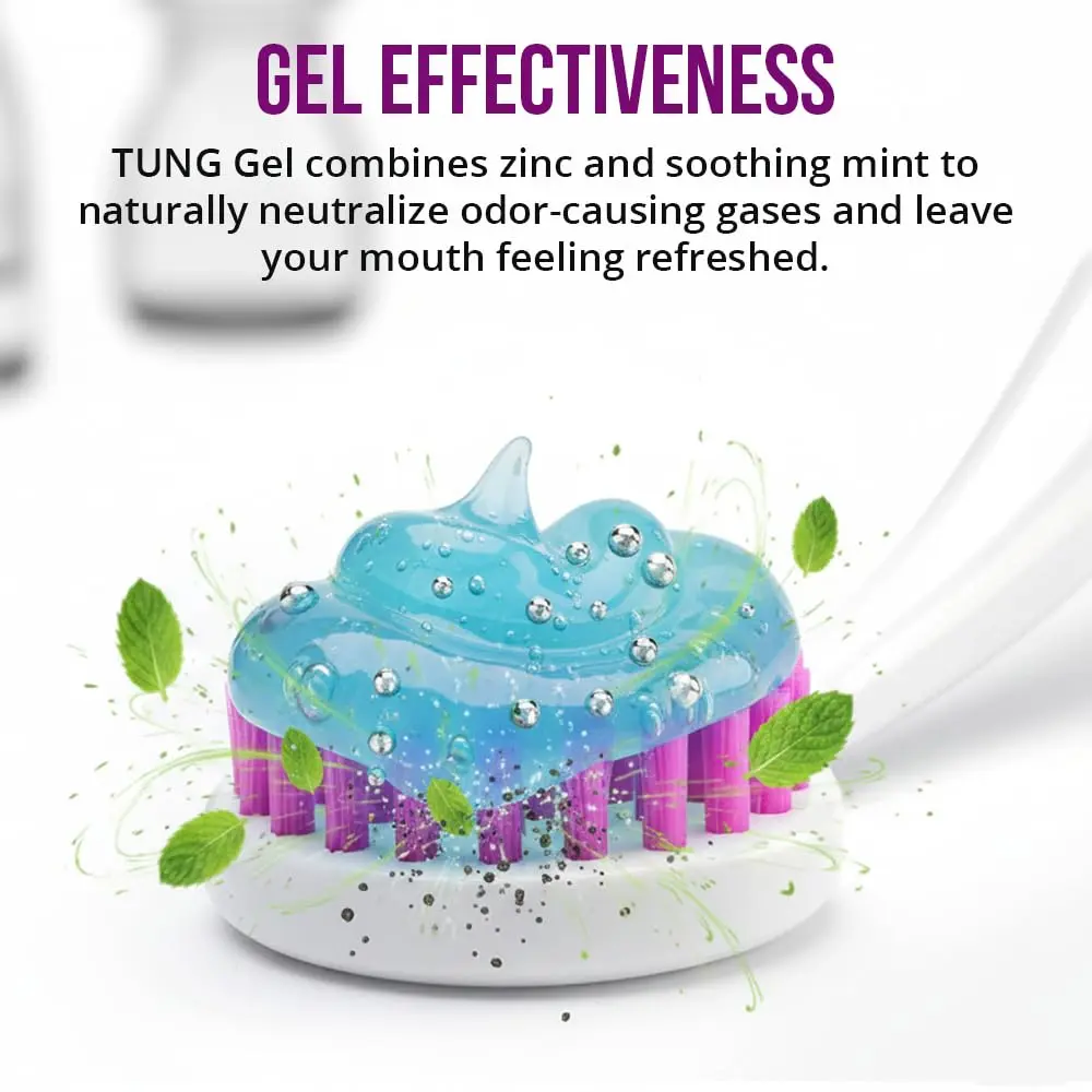 This tongue cleaner starter pack includes the TUNG brush, designed to reach the back of the tongue to eliminate bad breath, and TUNG gel, both made in America and preferred by 90% of users over other tongue cleaners.