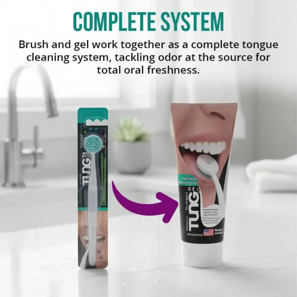 This tongue cleaner starter pack includes the TUNG brush, designed to reach the back of the tongue to eliminate bad breath, and TUNG gel, both made in America and preferred by 90% of users over other tongue cleaners.