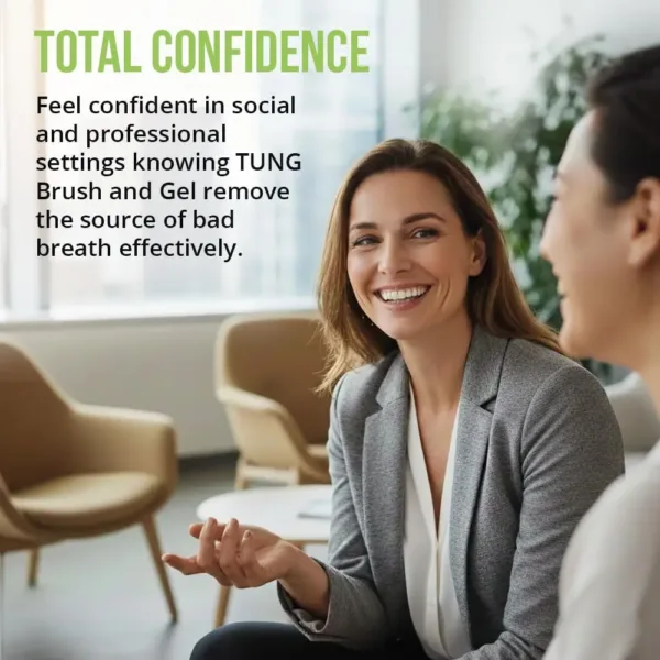 This tongue cleaner starter pack includes the TUNG brush, designed to reach the back of the tongue to eliminate bad breath, and TUNG gel, both made in America and preferred by 90% of users over other tongue cleaners.