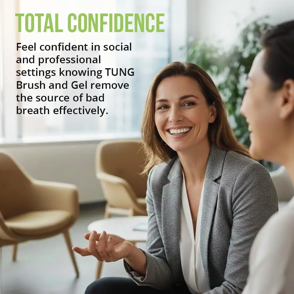 This tongue cleaner starter pack includes the TUNG brush, designed to reach the back of the tongue to eliminate bad breath, and TUNG gel, both made in America and preferred by 90% of users over other tongue cleaners.