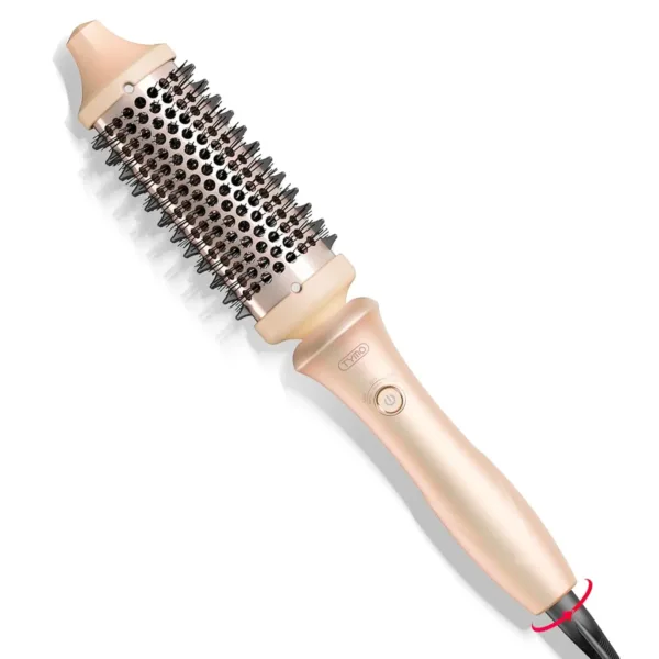 The TYMO STYLUX 1.7 inch thermal brush in pink, a heated round styling tool, effortlessly creates volume and smooths hair with its adjustable nylon bristles.