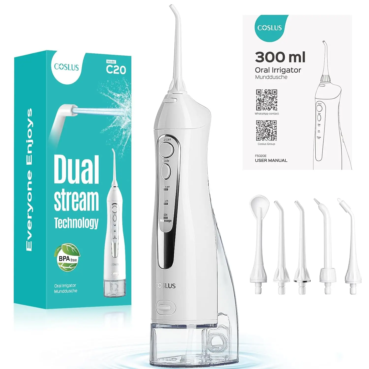 This cordless COSLUS water flosser provides deep cleaning with adjustable pressure, is rechargeable for travel, and is perfect for cleaning teeth with braces.