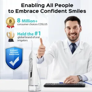 This cordless COSLUS water flosser provides deep cleaning with adjustable pressure, is rechargeable for travel, and is perfect for cleaning teeth with braces.