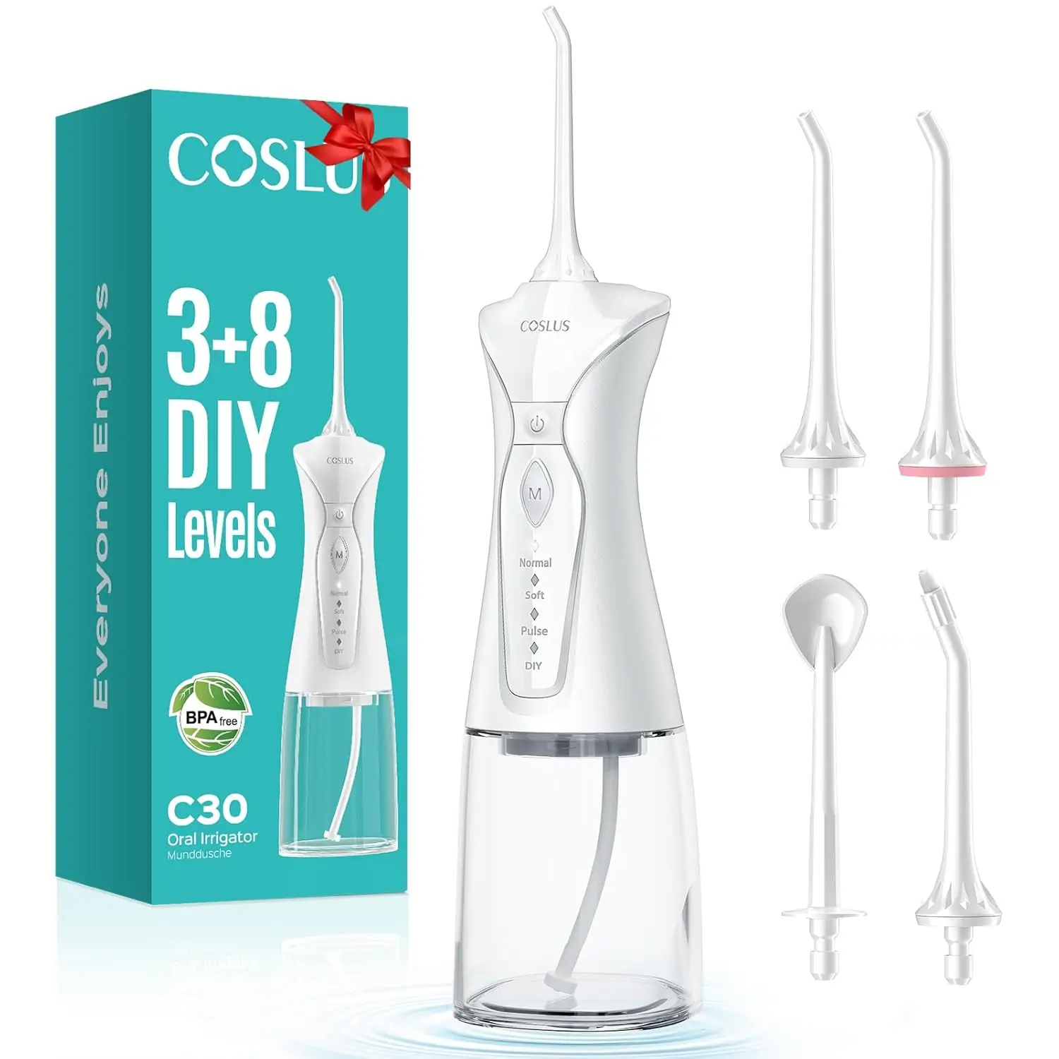 This portable COSLUS C30 water flosser effectively cleans teeth and braces with high-pressure water jets, featuring multiple modes, a large water tank, and cordless design for convenient oral care at home or while traveling.