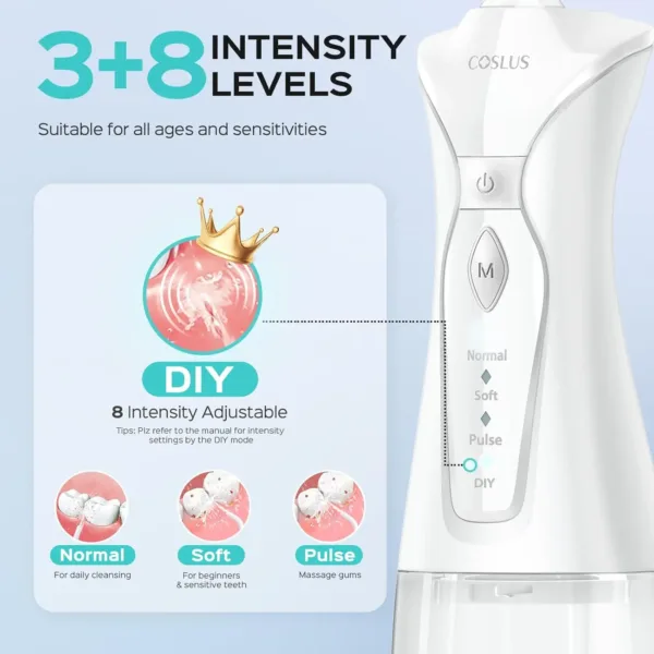 This portable COSLUS C30 water flosser effectively cleans teeth and braces with high-pressure water jets, featuring multiple modes, a large water tank, and cordless design for convenient oral care at home or while traveling.
