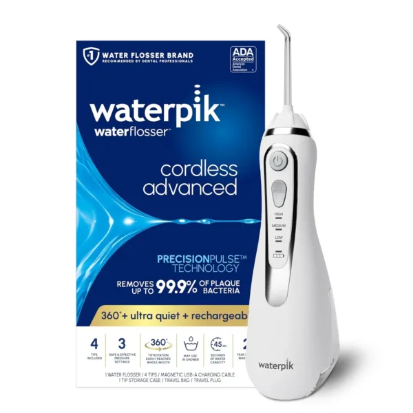 The Waterpik Cordless Advanced water flosser in white provides a convenient and effective way to floss your teeth, featuring a rechargeable design, multiple tips, and portability for travel.