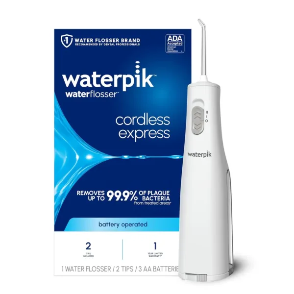The Waterpik Cordless Express Water Flosser, powered by batteries, provides a portable and effective way to remove plaque and improve gum health for travel, home, and small bathrooms, as recommended by dentists and accepted by the ADA.