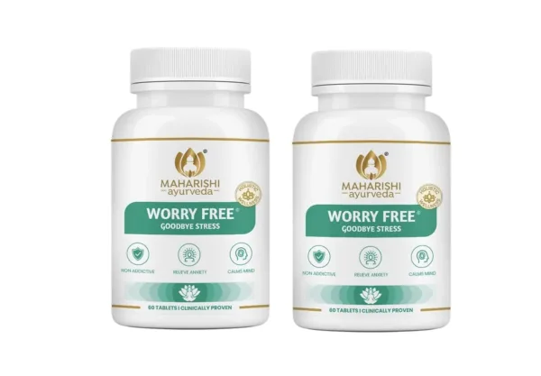 Maharishi Ayurveda Worry Free tablets are a natural and herbal remedy for occasional stress and anxiety, formulated with Ashwagandha, Jatamansi, and Brahmi to promote calmness and mental clarity.